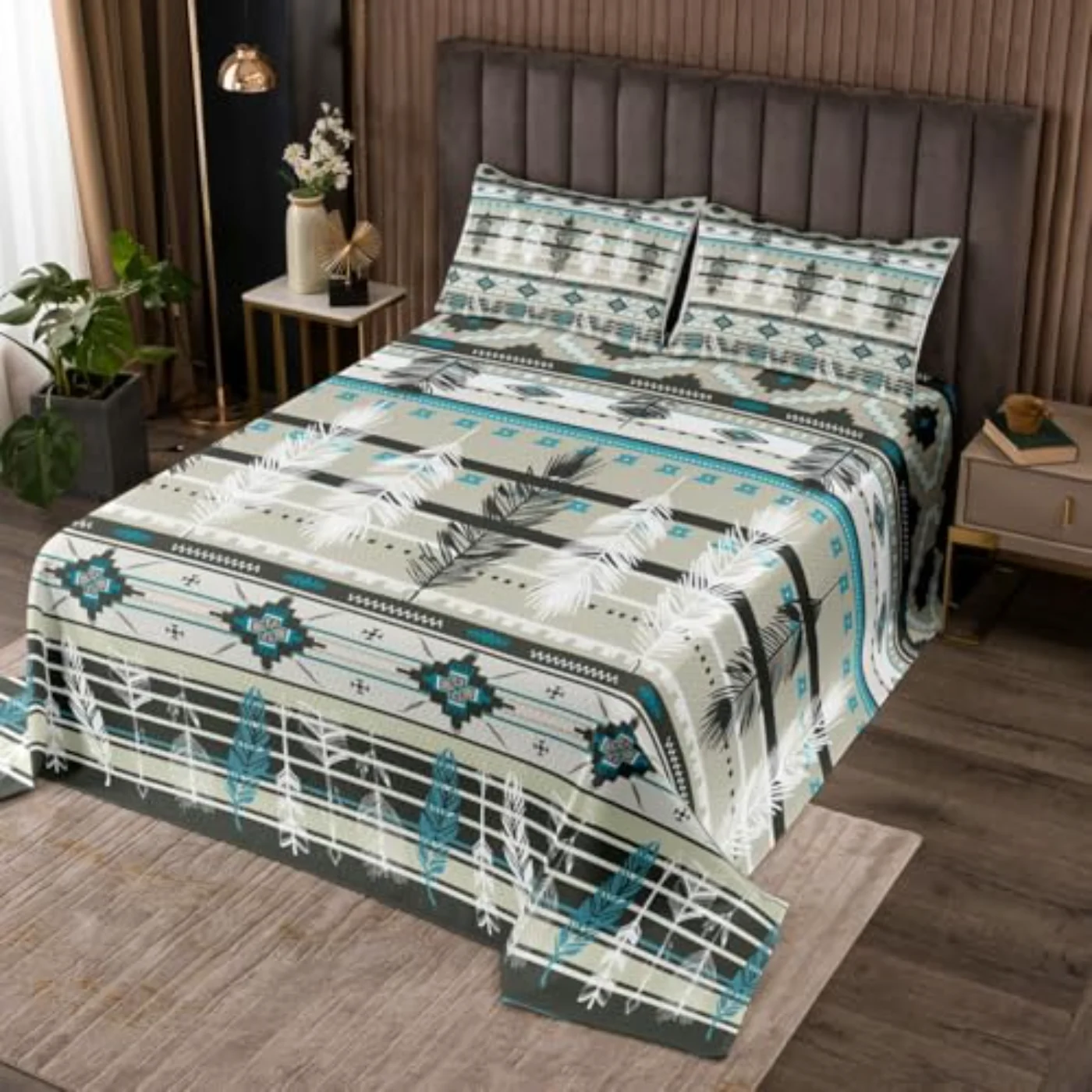 Ethnic Tribe Feather Coverlet Geometric Quilt, King