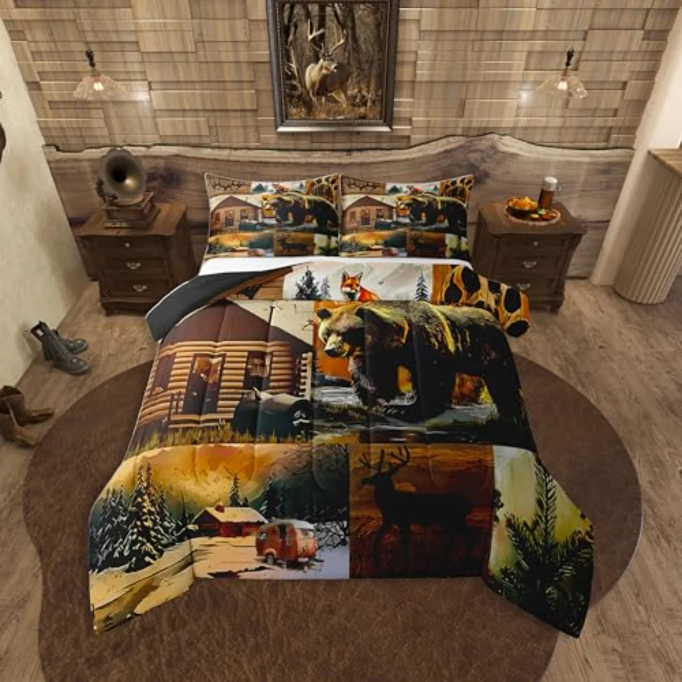 Rustic Lodge Bear Deer Fox Comforter Set, Queen