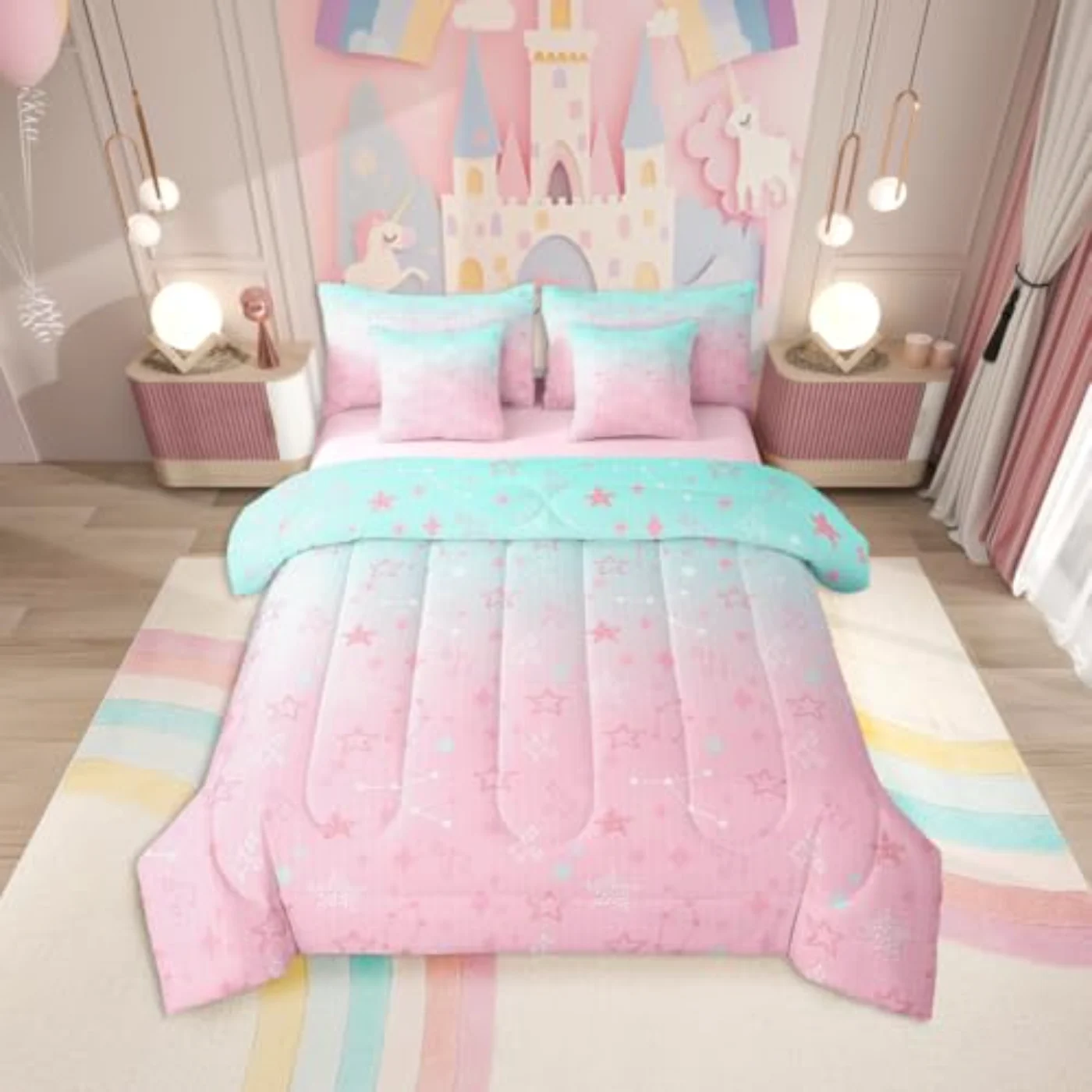 Gradient Glitter Print Girls Rainbow Comforter Set, Twin