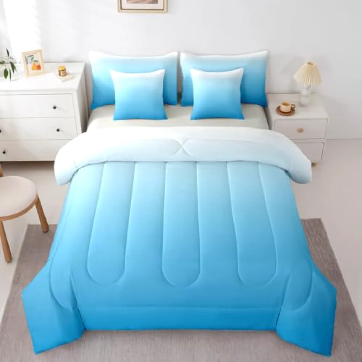Blue Ocean White Blue Ombre Comforter Set, Queen