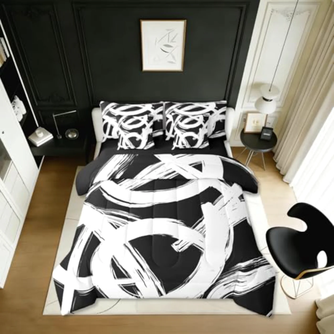 White Black Abstract Geometric Simple Comforter Set, Queen