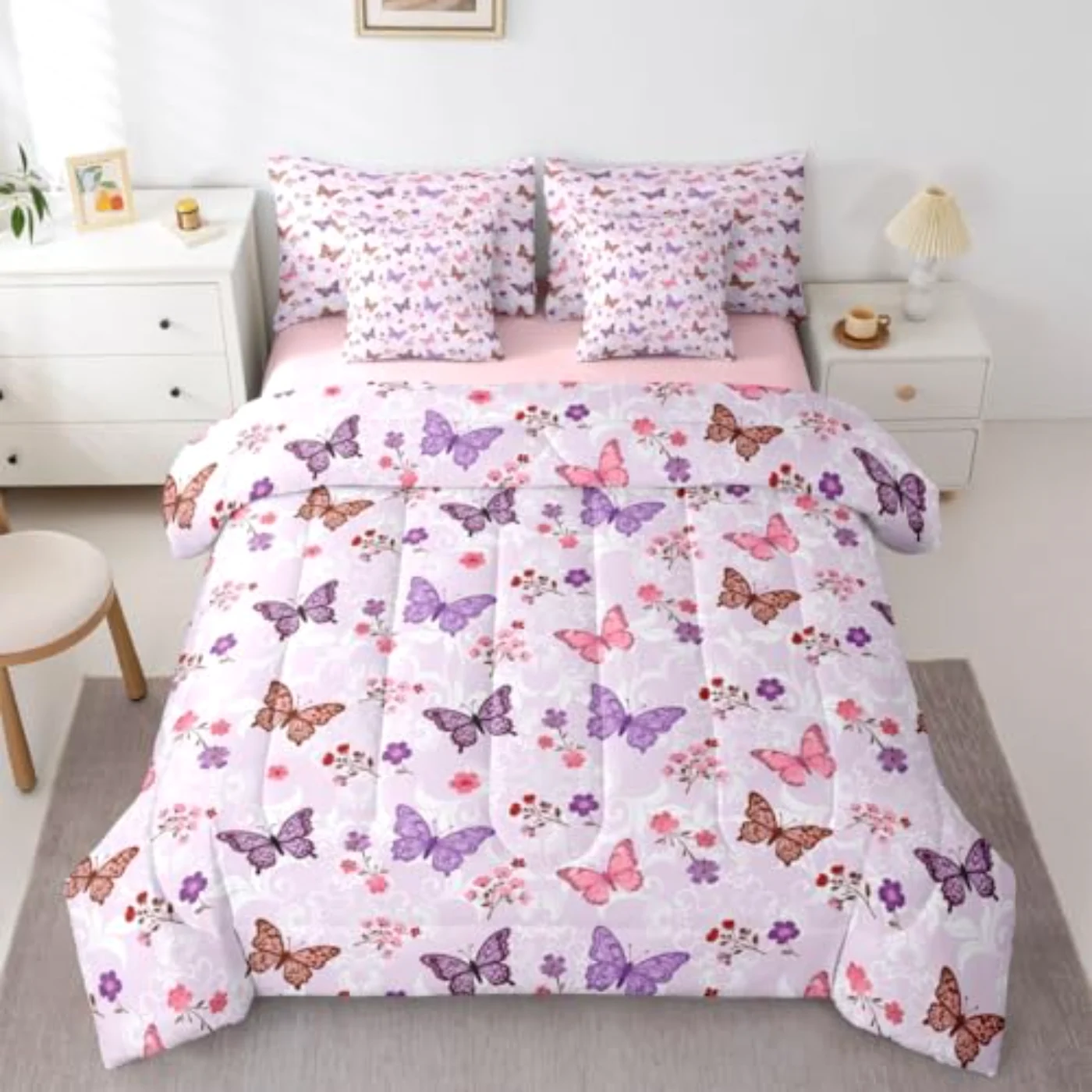 Butterfly Floral Pink Purple Butterflies Comforter Set, Full