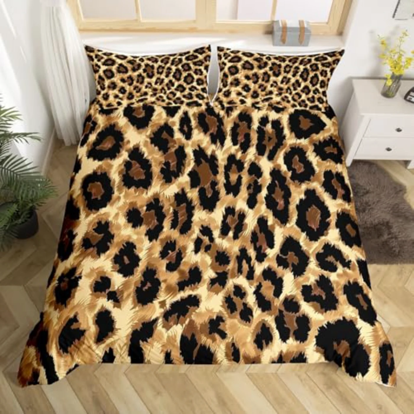 Black Brown Leopard Print Duvet Cover, Twin