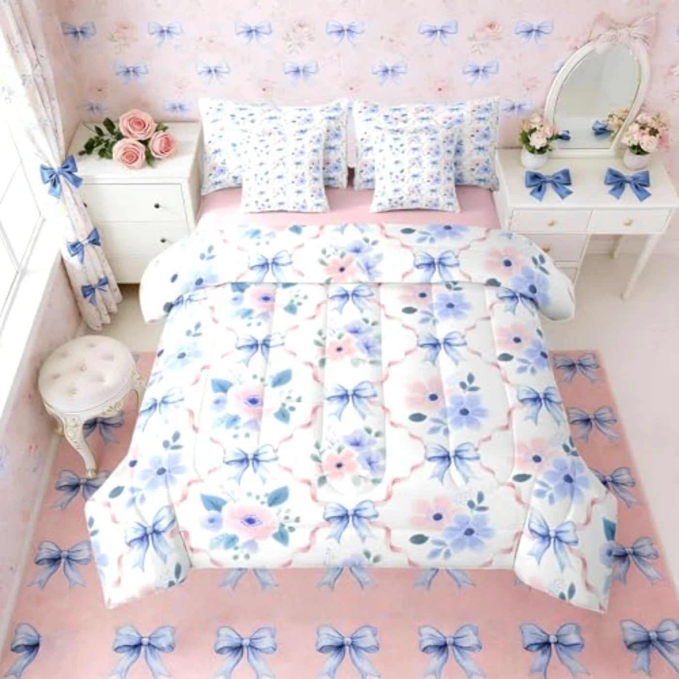 Blue Bow Pink Rose Flower Comforter Set, Twin