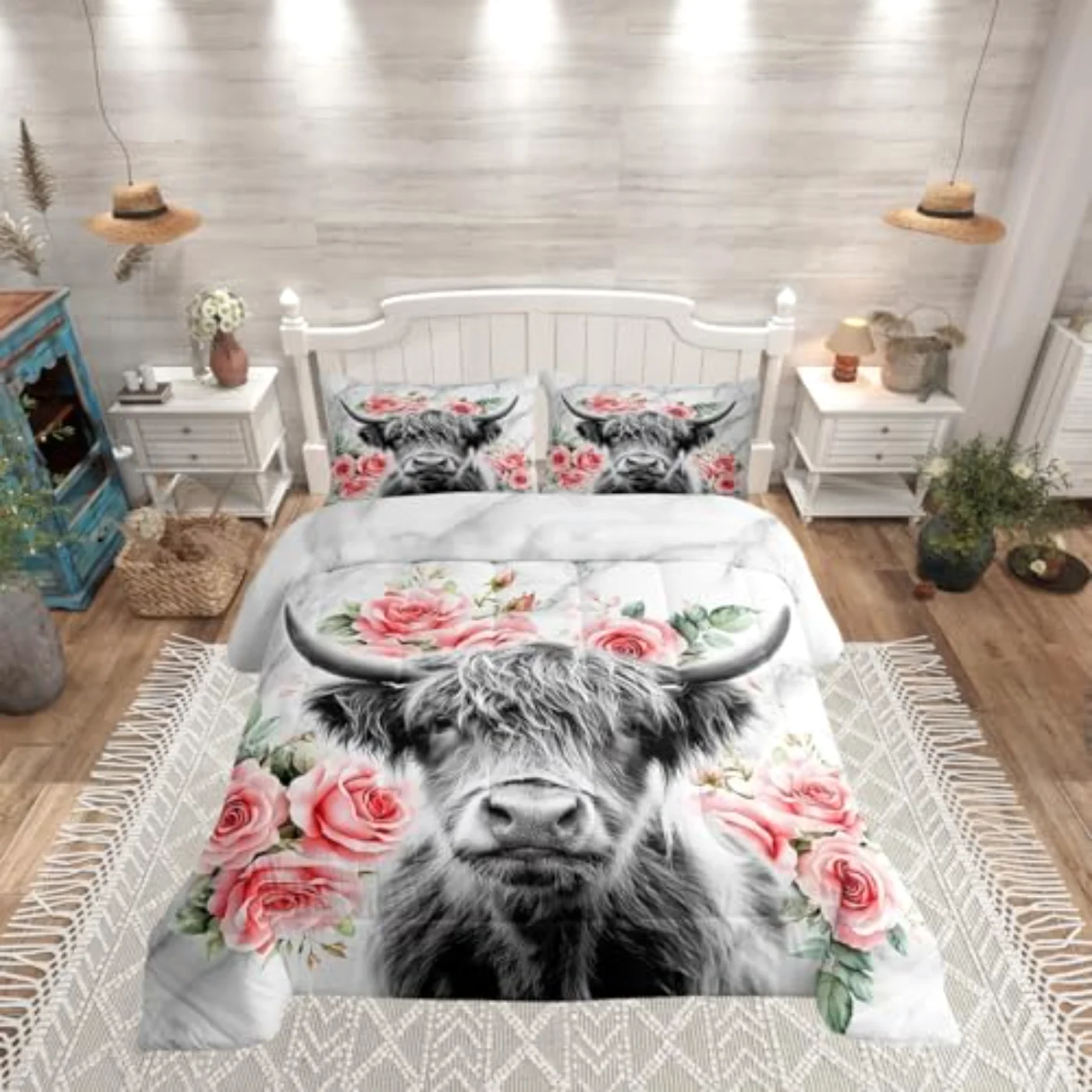 Highland Cow Flower Bull Cattle Quilt, Twin