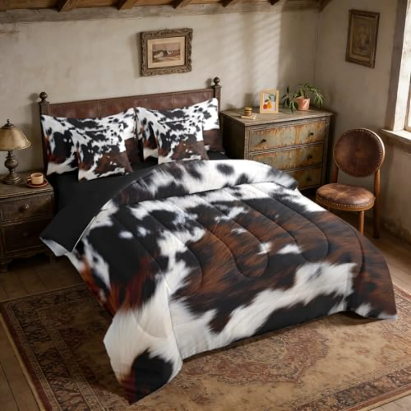 Brown Cowhide Black White Aztec Comforter Set, Twin