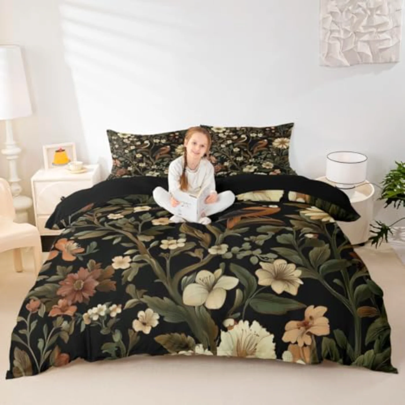 Dark Floral Bird Floral Vintage Duvet Cover, Twin