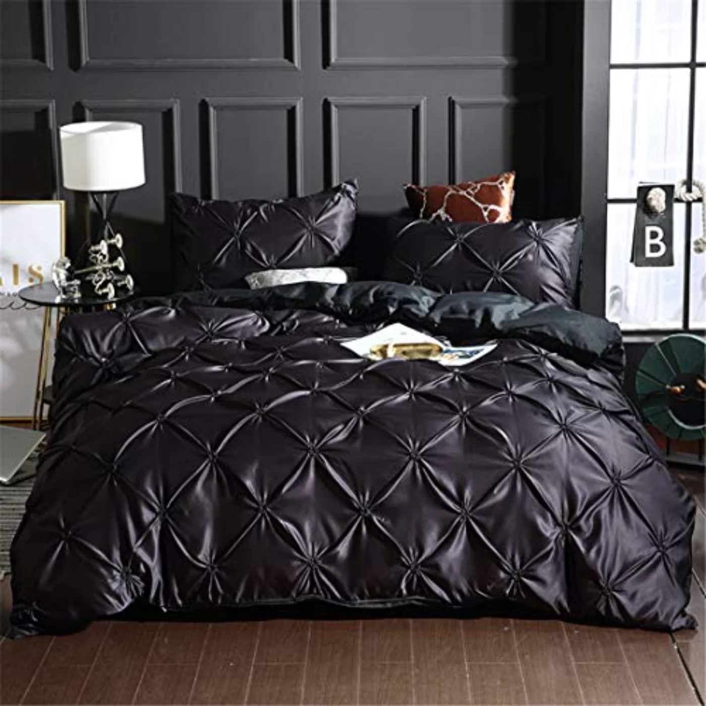 Pinch Pleated Black Silk Like Duvet Cover, Full