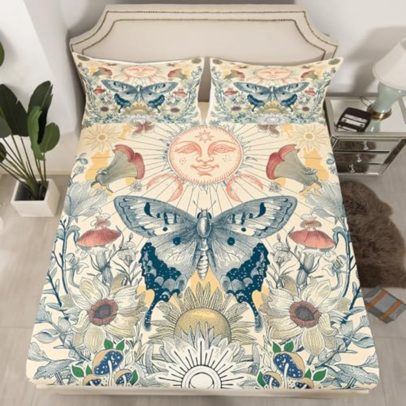Hippie Butterfly Sheets Sun Moon Sheet Set, Queen
