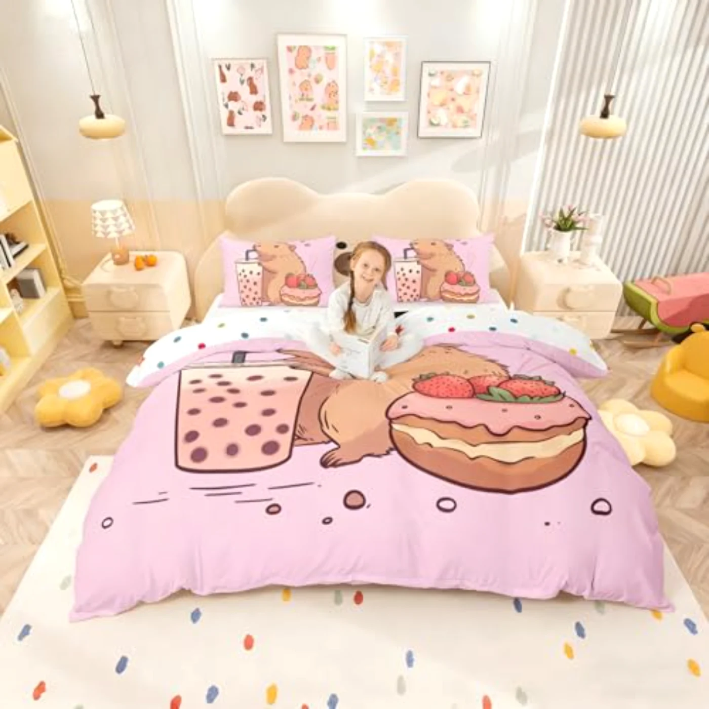 Capybara Girls Dessert Milk Tea Duvet Cover, Twin
