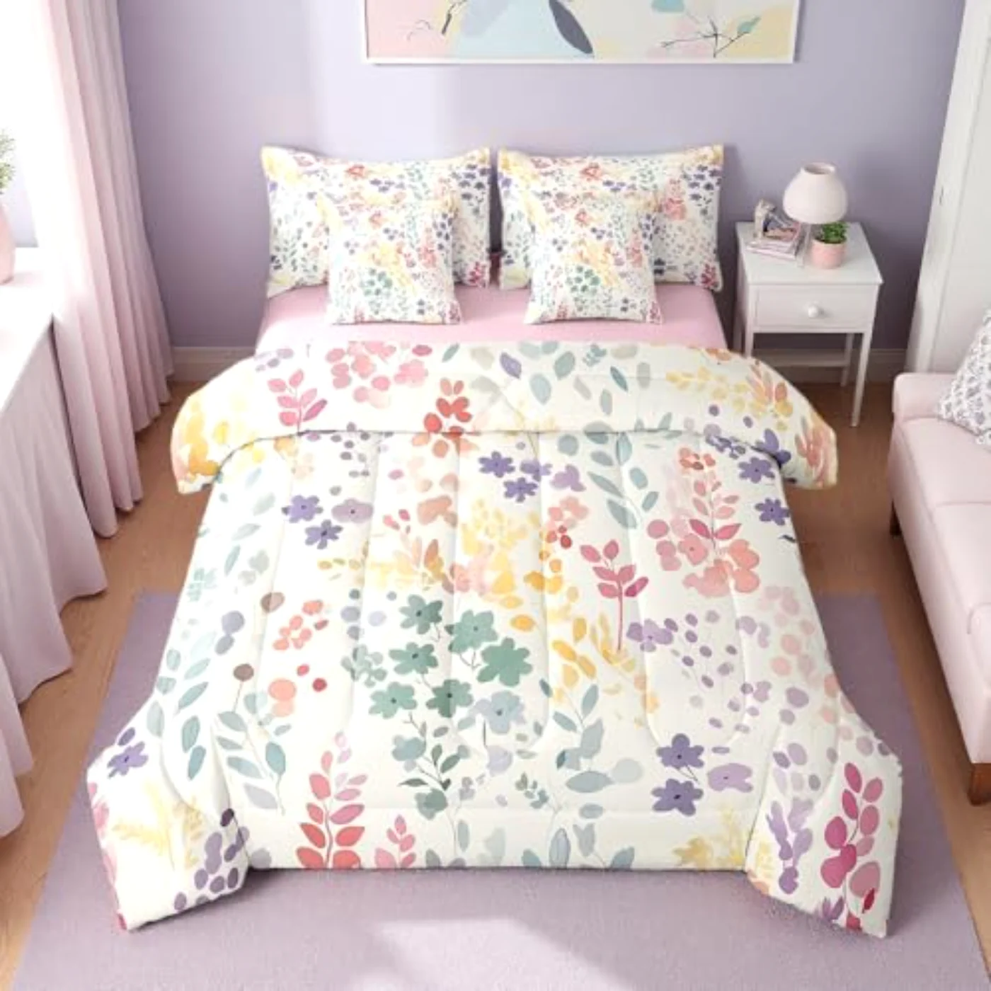 Cute Rainbow Floral Sheets Comforter Set, Twin