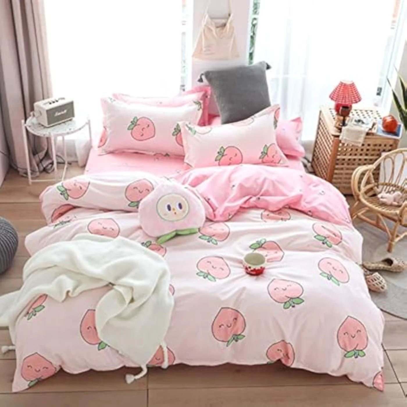 Cartoon Pink Peach Kid Kawaii Duvet Cover, Twin