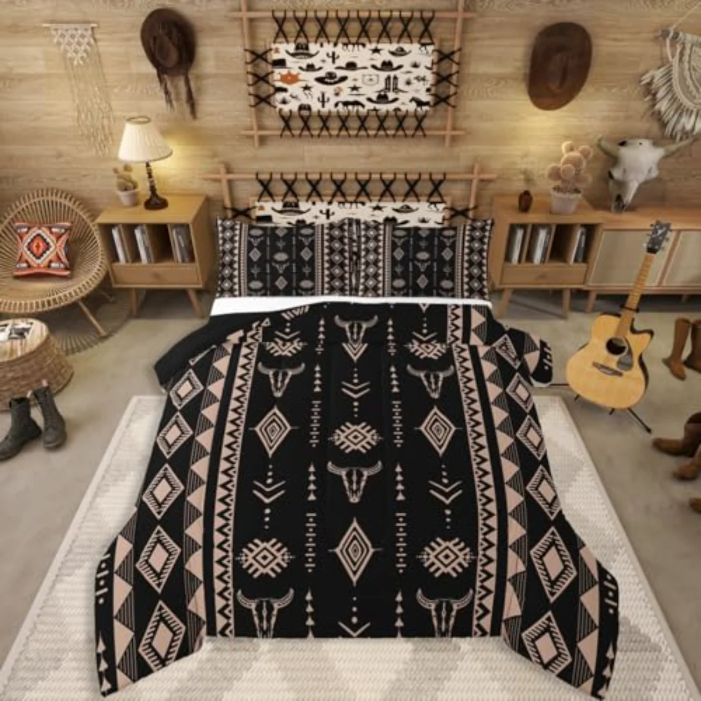 Bull Skull Black Men Comforter Set, Full