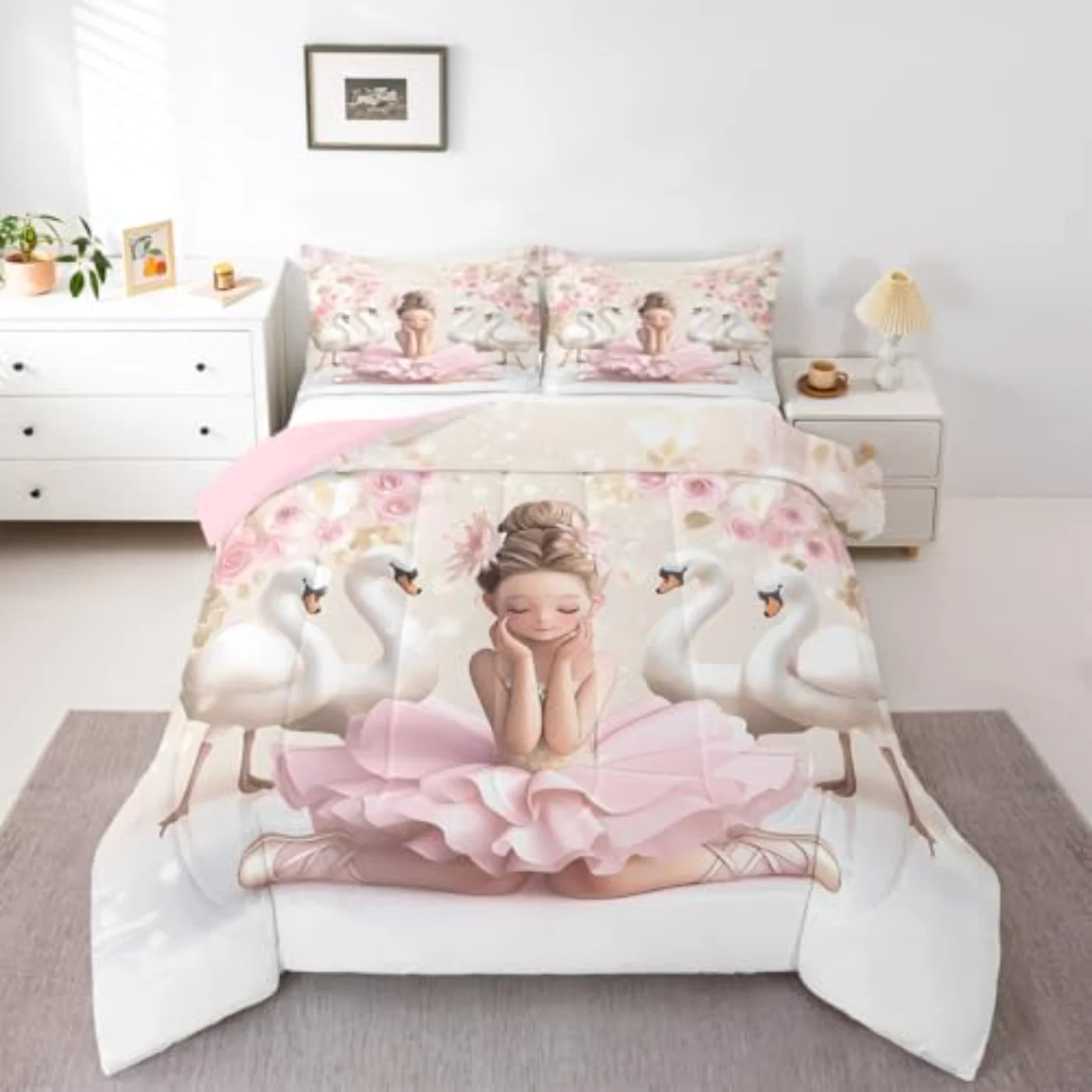 Ballerina Girl Princess White Swan Comforter Set, Twin