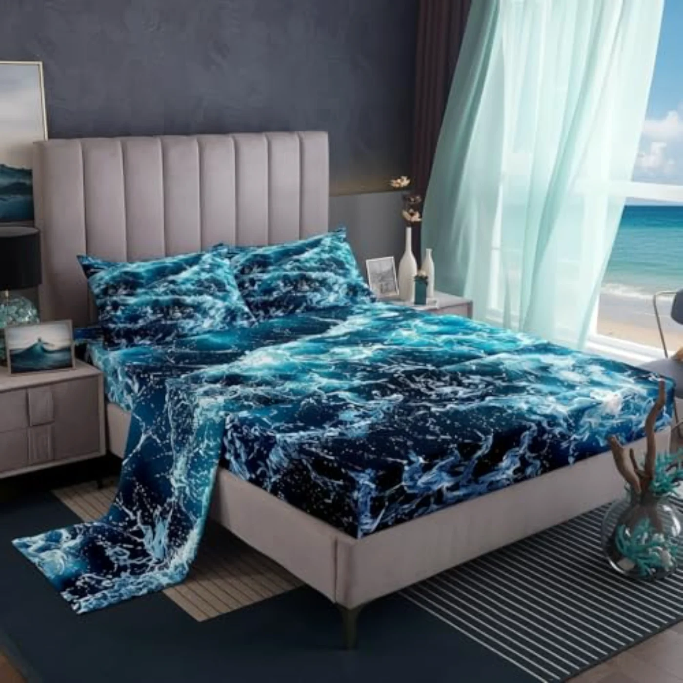 Blue Waves Sheets Ocean Sea Sheet Set, Full