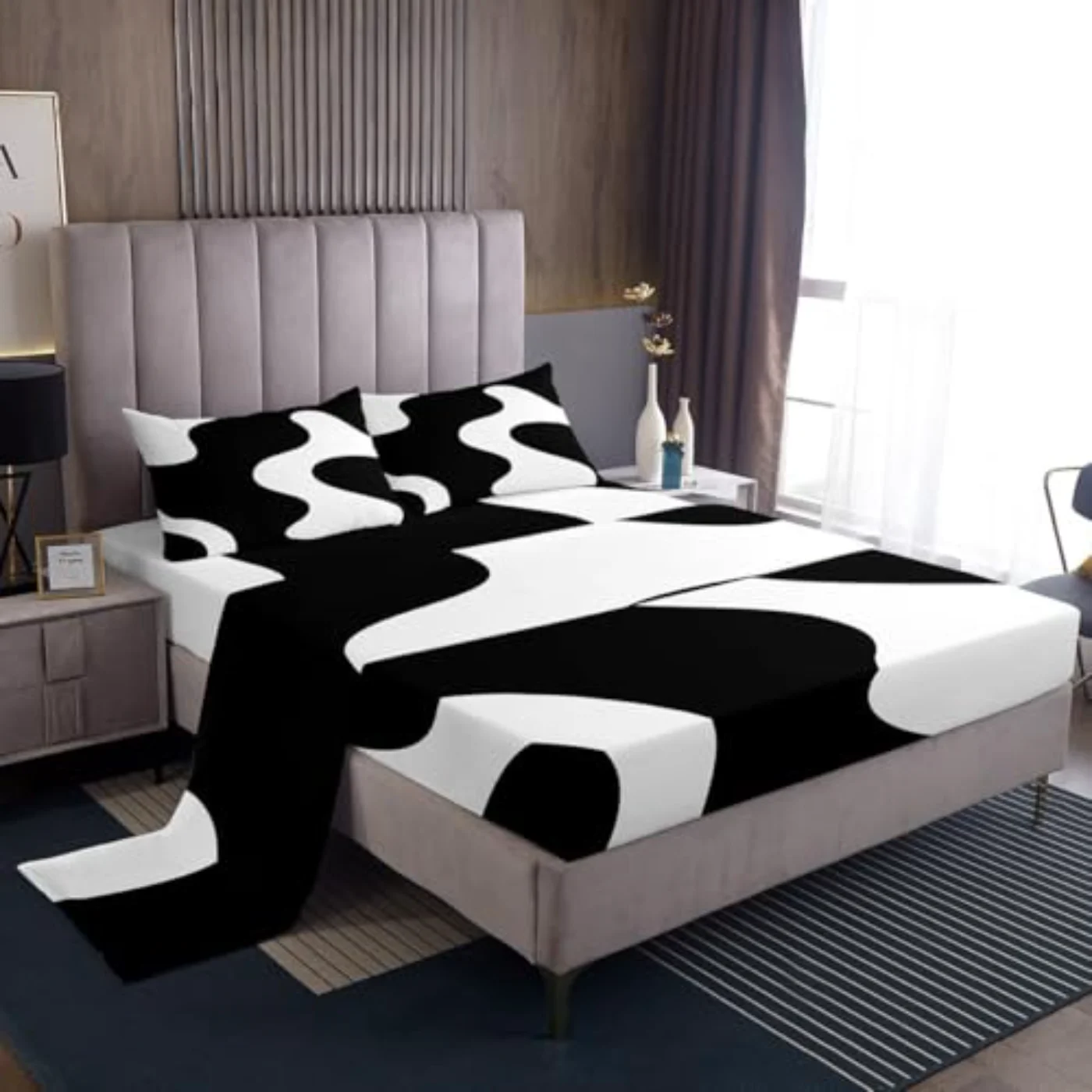 White Black Abstract Sheets Boho Sheet Set, Queen
