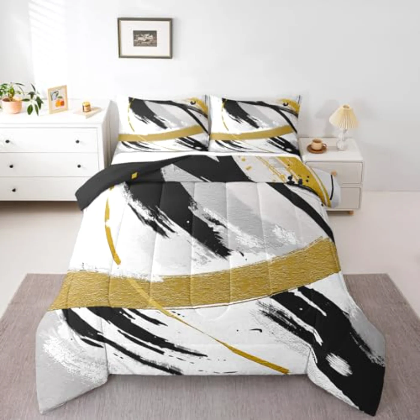 Black Grey Gold Brush Strokes Comforter Set, King