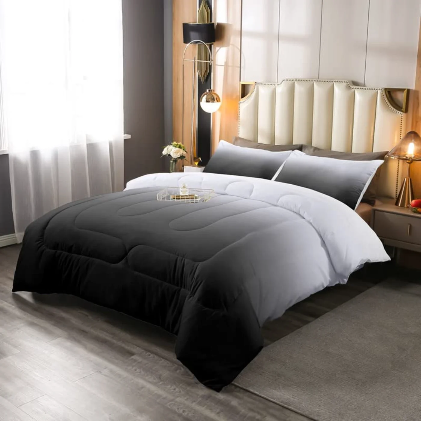 Grey Black Ombre Gray White Comforter Set, Twin