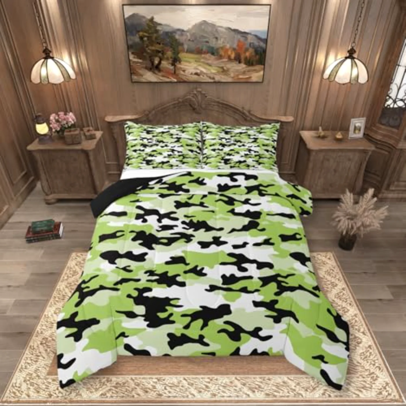 Green Camouflage Army Retro Militarily Comforter Set, King