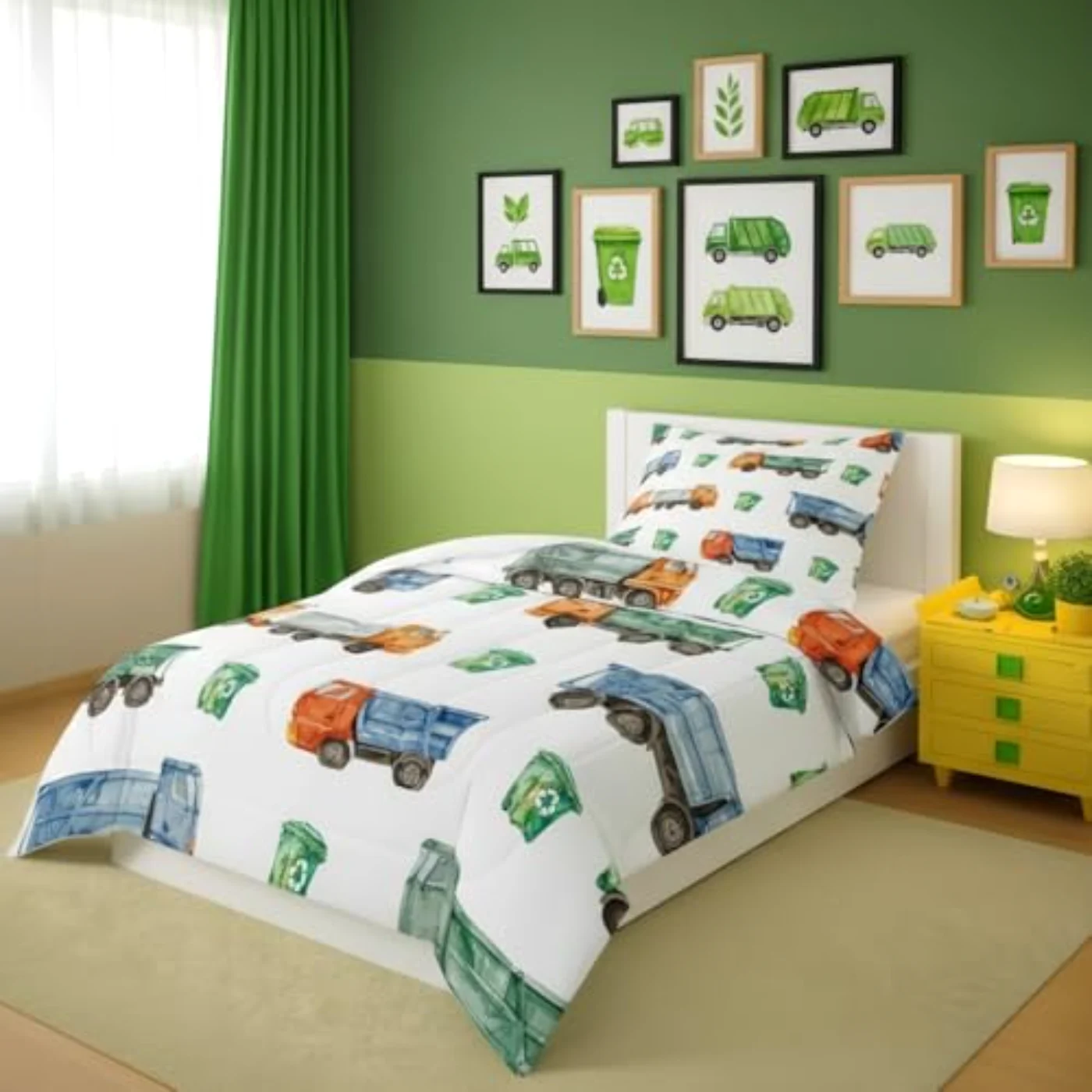 Toddler Garbage Trucks Vintage Watercolor Comforter Set, Twin