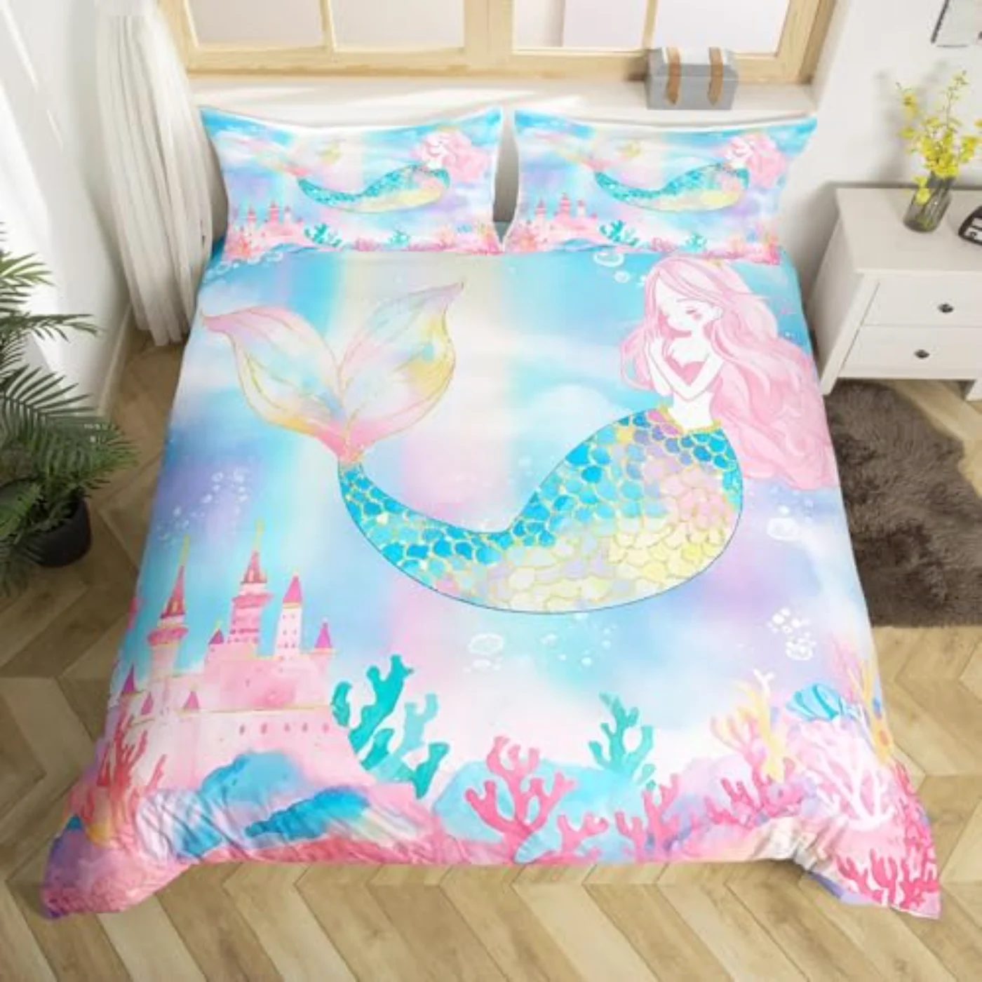 Mermaid Tail Kids Pastel Rainbow Duvet Cover, Twin