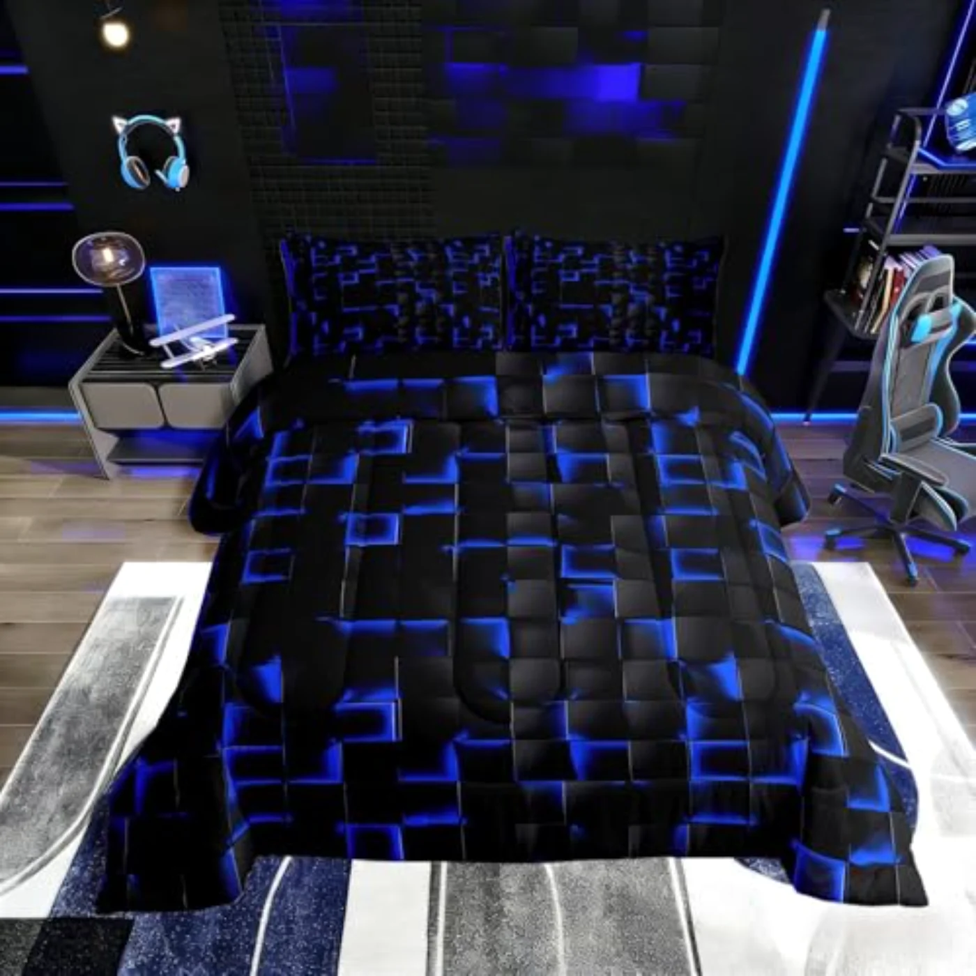Neon Black Blue Boys Geometric Comforter Set, Twin