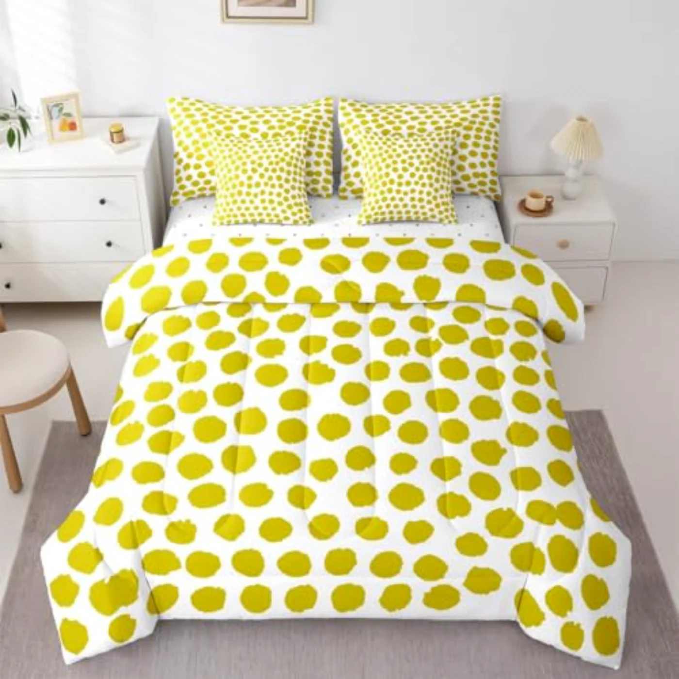 Yellow Polka Dot Boho Modern Comforter Set, Queen