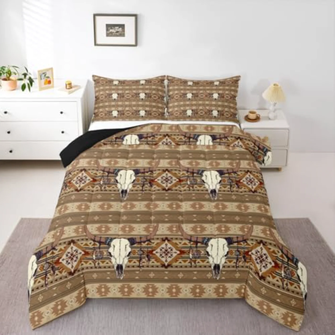 Western Boho Western Bull Skull Quilt, Queen