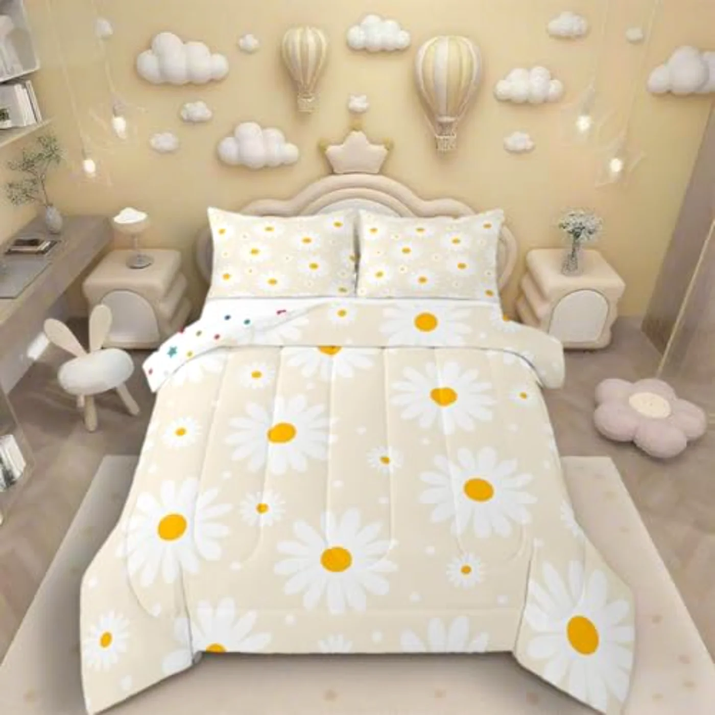 Beige Floral Cute Daisy Cream Comforter Set, Full