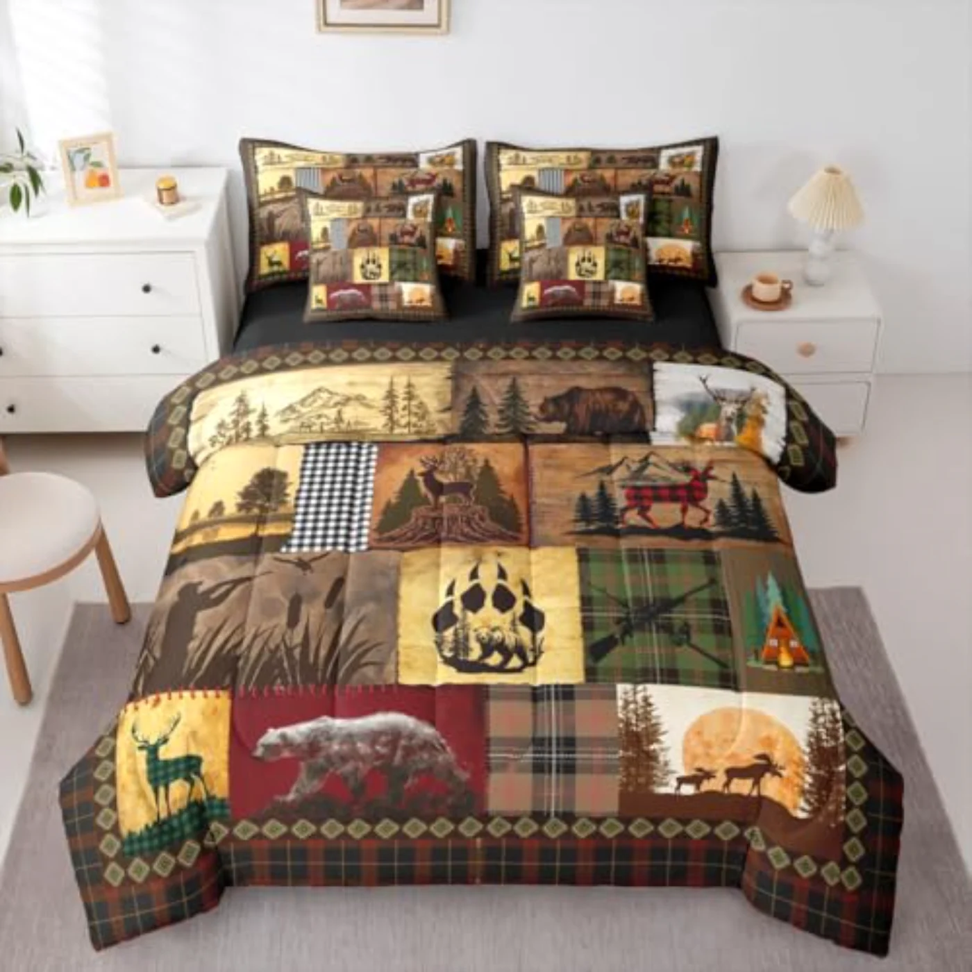 Plaid Rustic Cabin Bear Deer Comforter Set, Queen