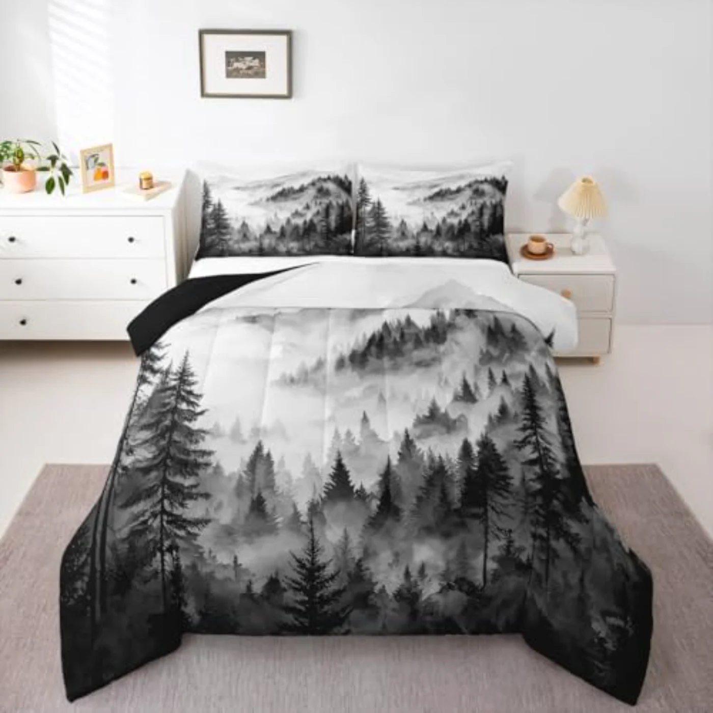 Black Gray Misty Forest Grey Comforter Set, King