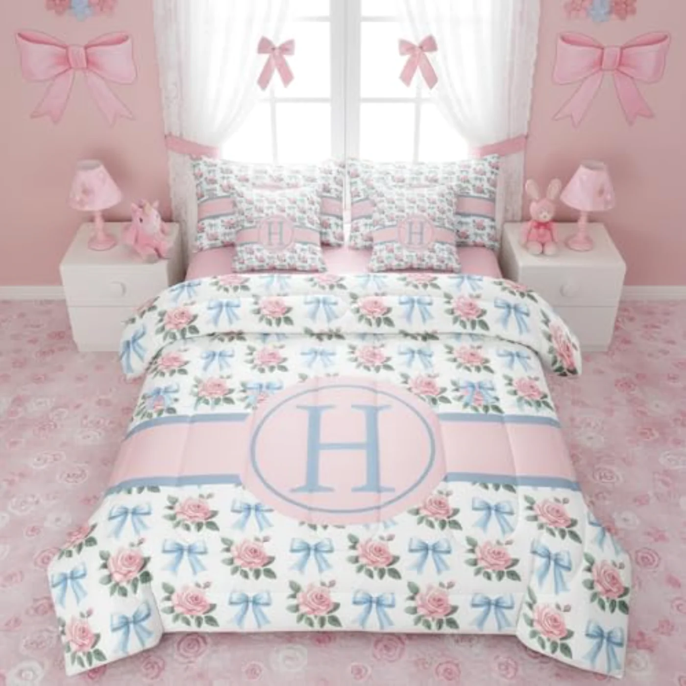 Bowknot Initial Letter H Sheets Comforter Set, Full