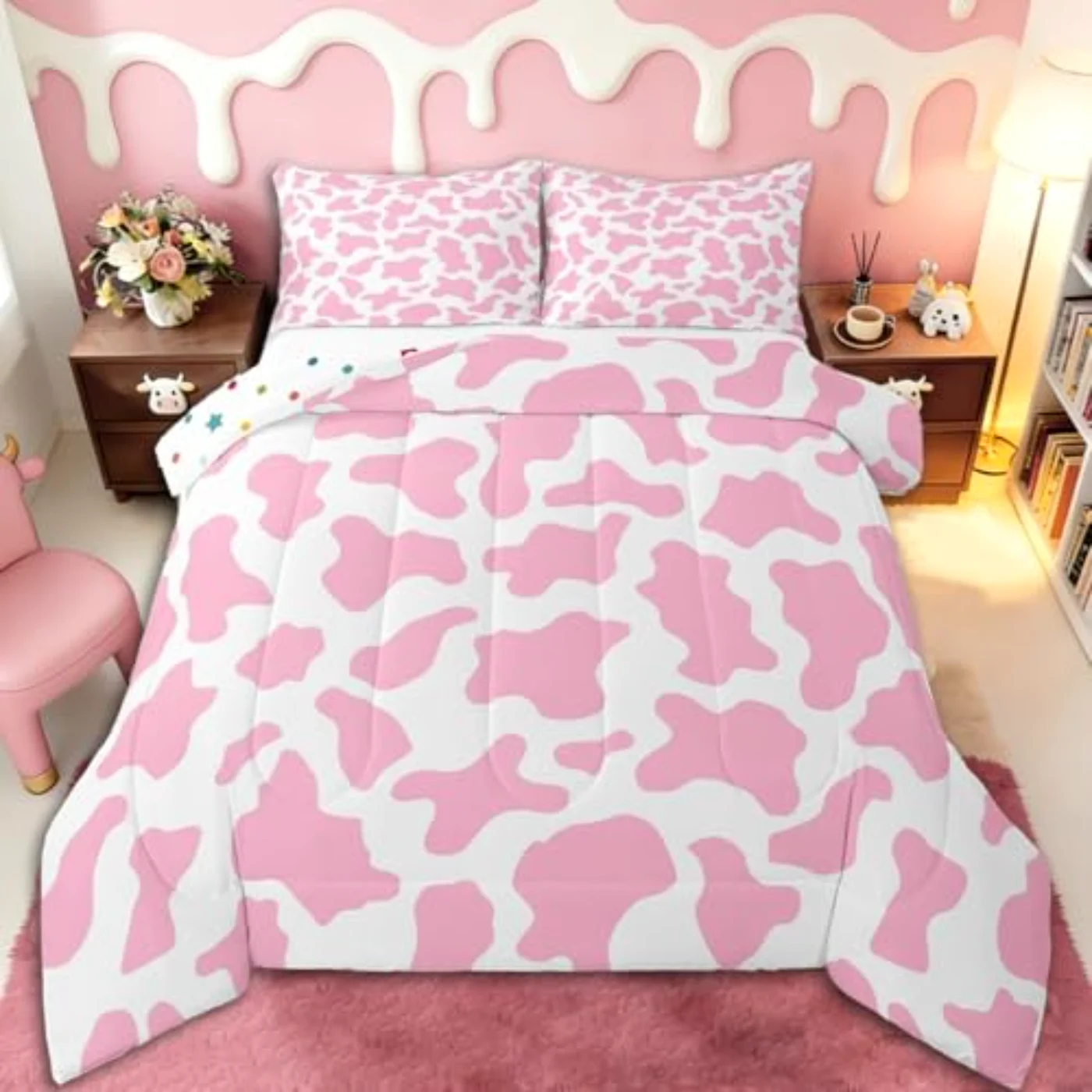 Kid Cartoon Pink Cow Print Comforter Set, Full
