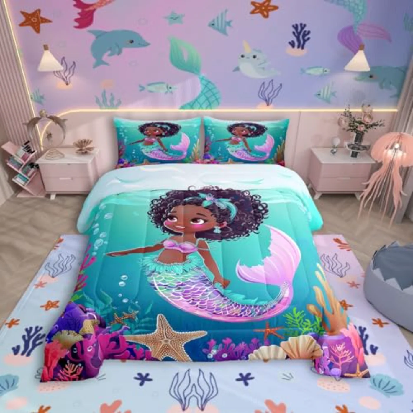 Black Mermaid Black Princess Girl Quilt, Twin