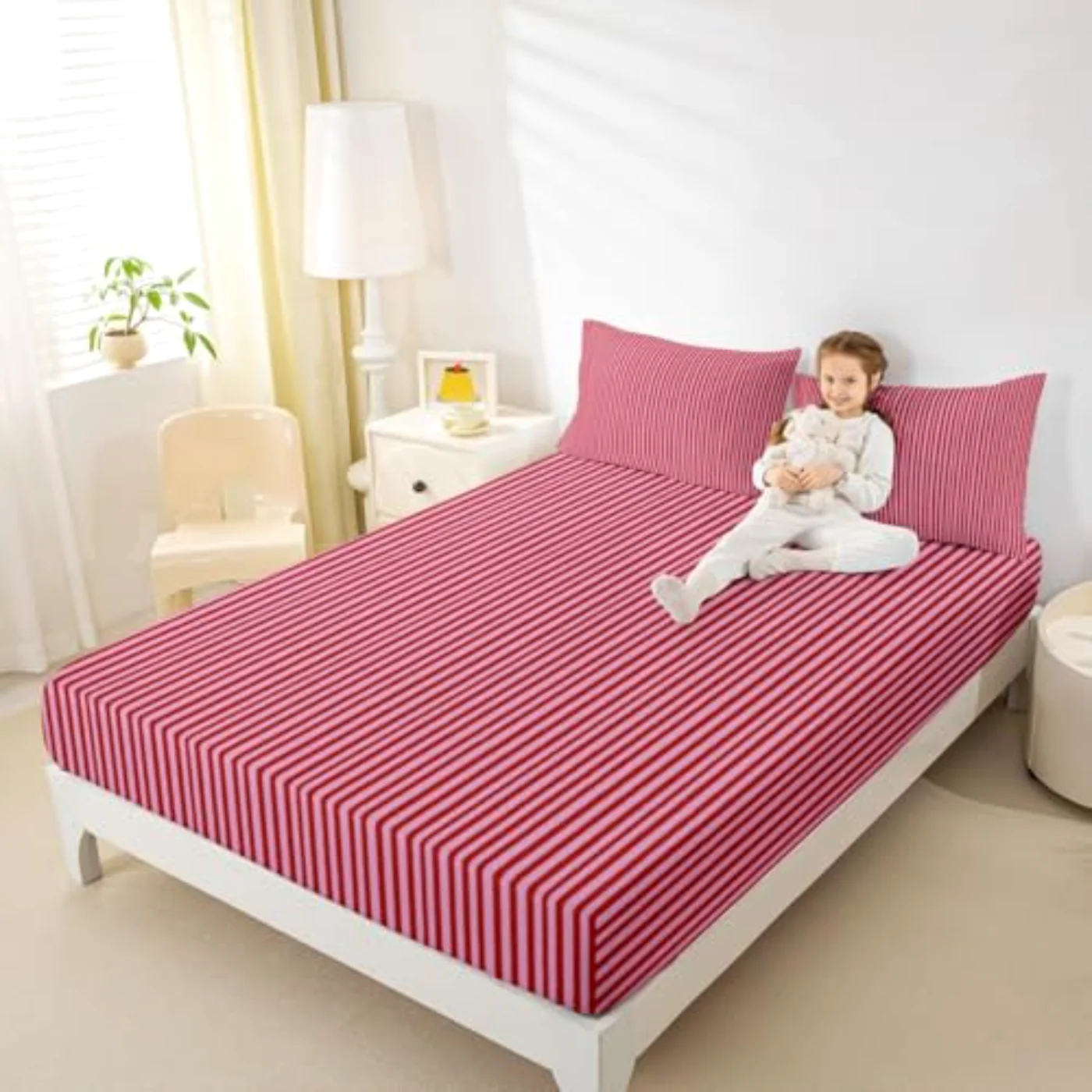 Lines Stripe Pink Fitted Sheet Set, Queen