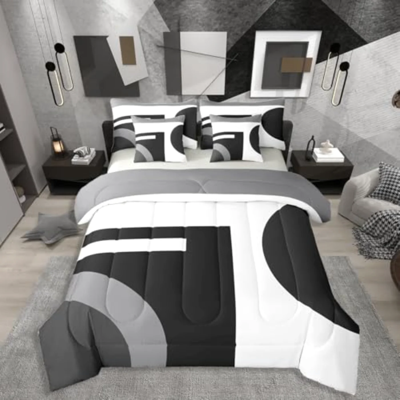 Black White Grey Geometric Stripes Comforter Set, Queen