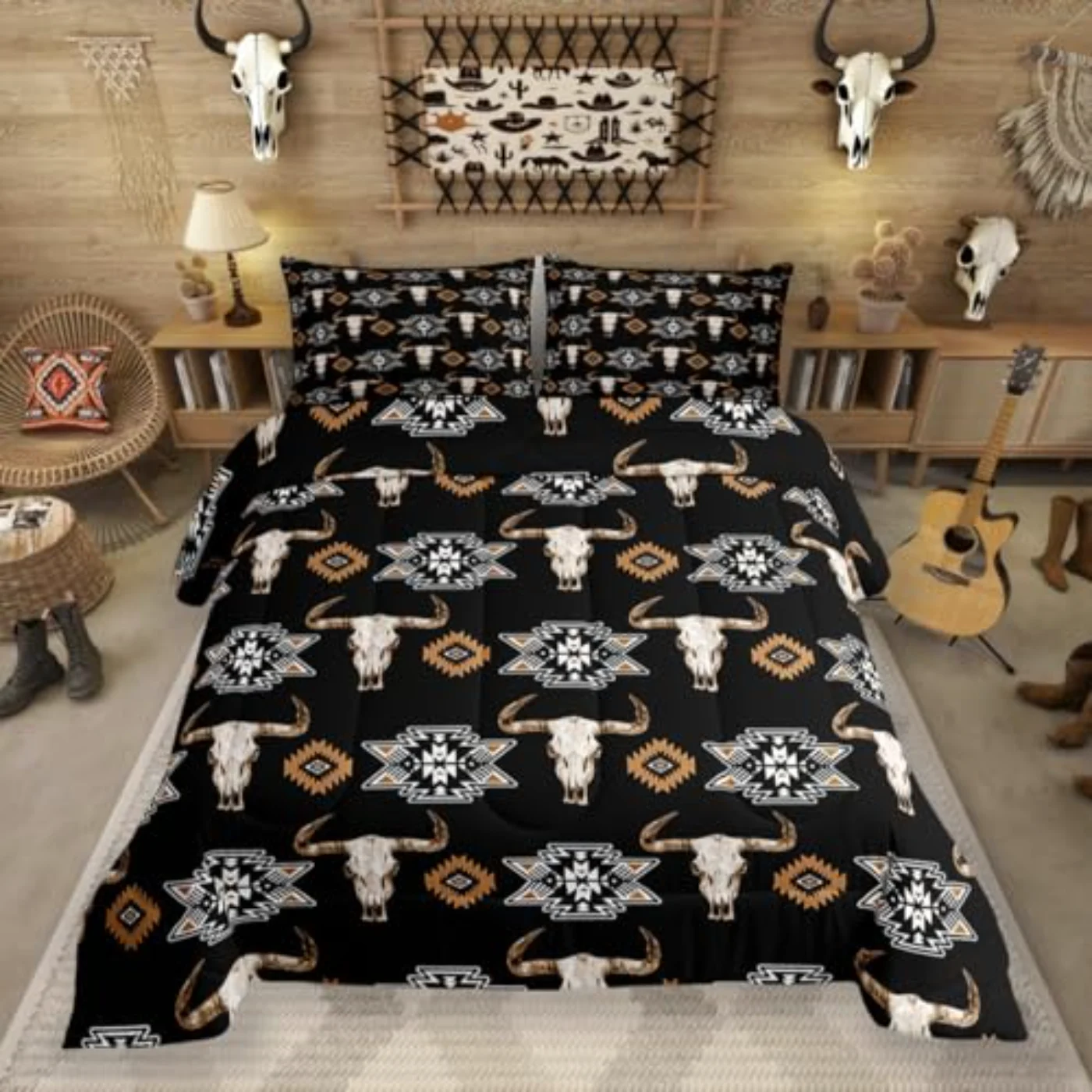 Bull Skull Boho Southwestern Comforter Set, Twin