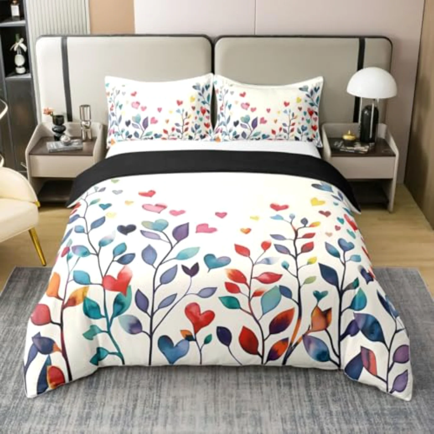 Rainbow Heart Cotton Watercolor Leaf Duvet Cover, Twin