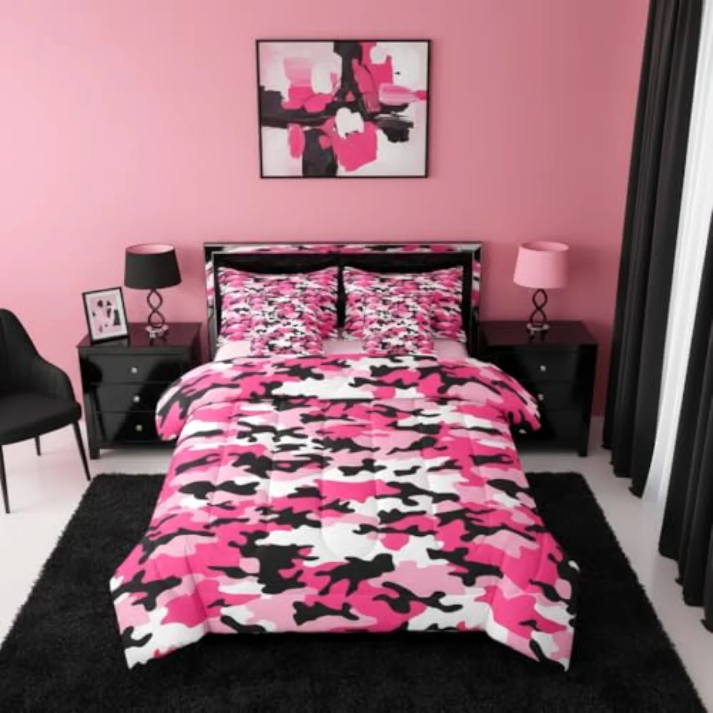 Pink Camouflage Girly Army Retro Comforter Set, Full
