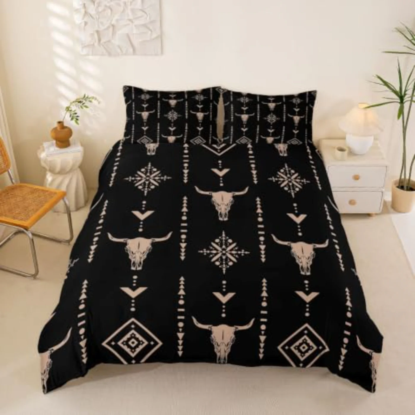 Bull Skull Boho Ethnic Horns Duvet Cover, Queen