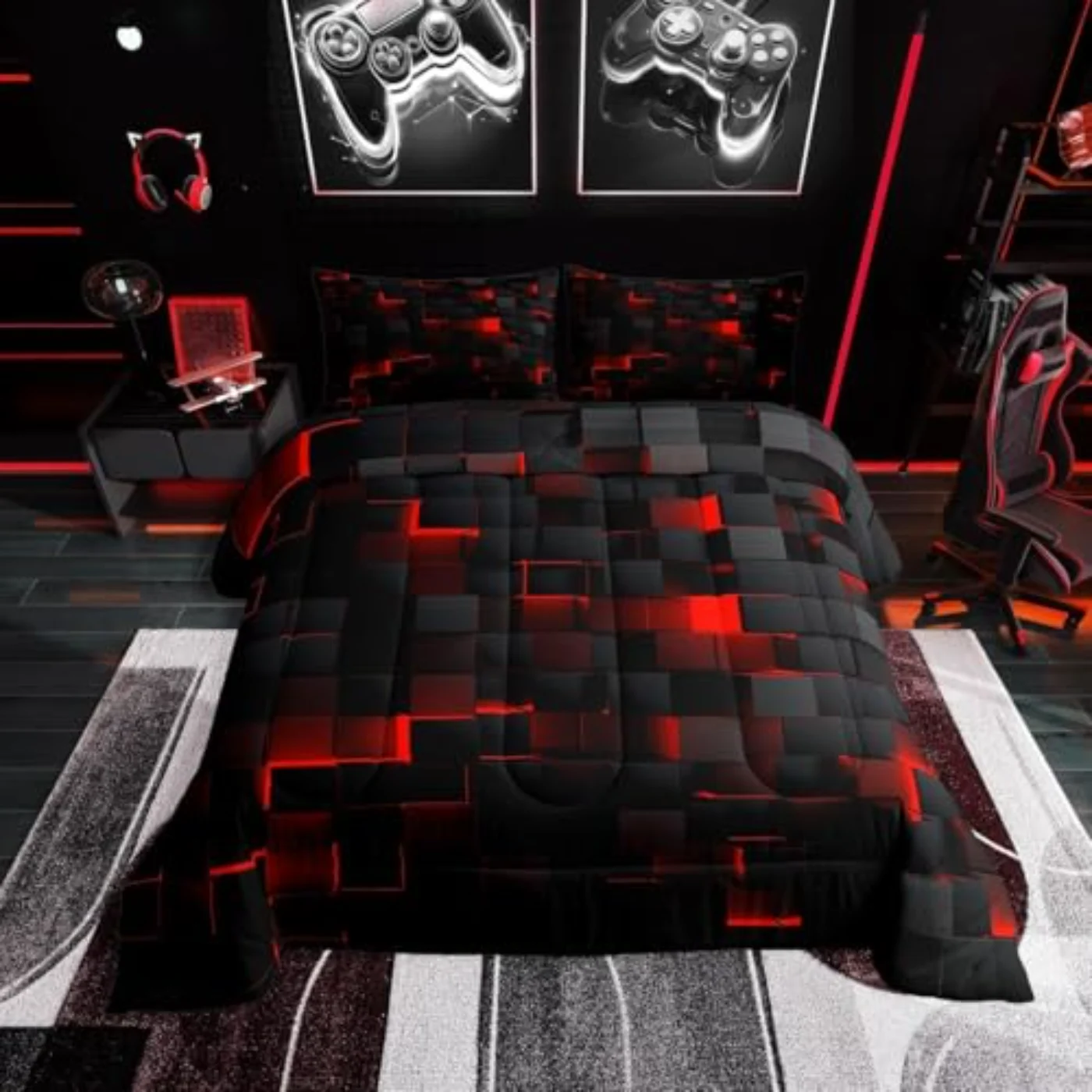 Black Red Neon Geometric Checkered Comforter Set, Twin