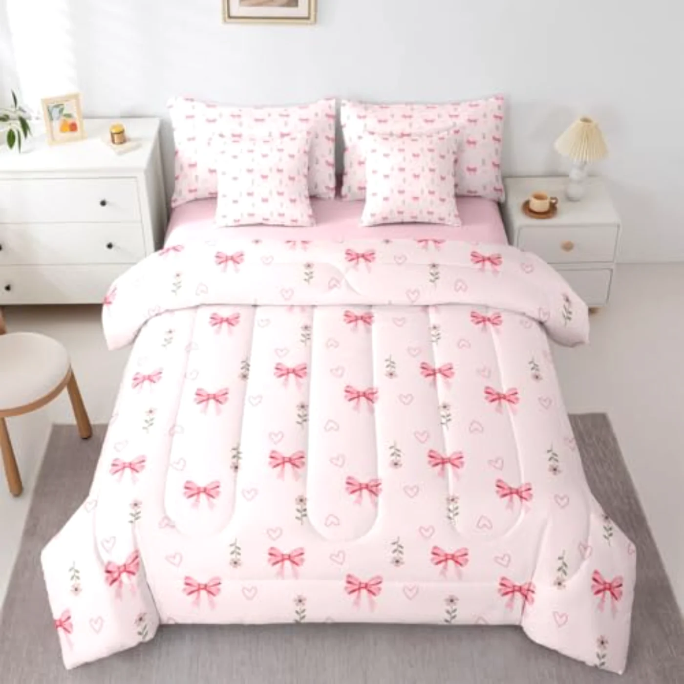 Pink Bow Kawaii Flower Sheets Comforter Set, Twin