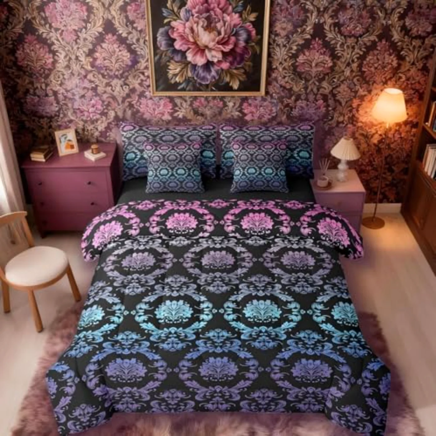 Gradient Rainbow Damask In Bag Comforter Set, Queen