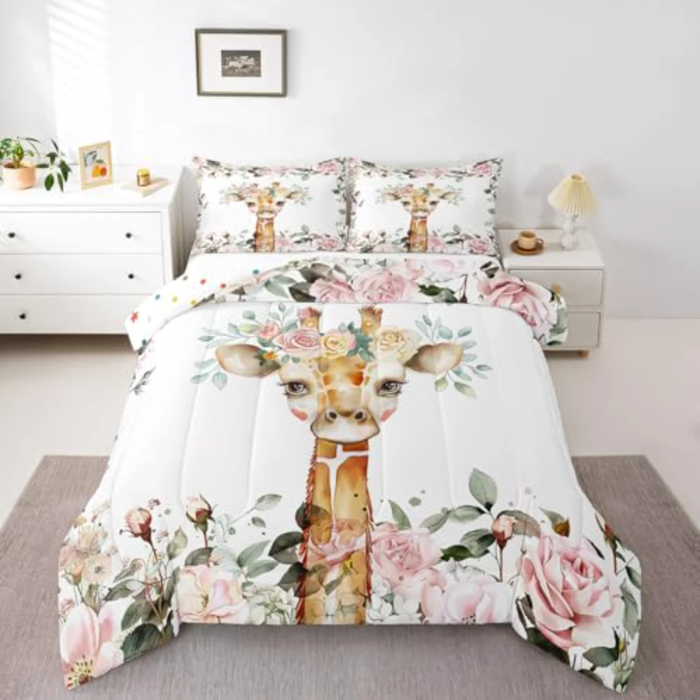 Cute Giraffe Pink Rose Quilt, Full