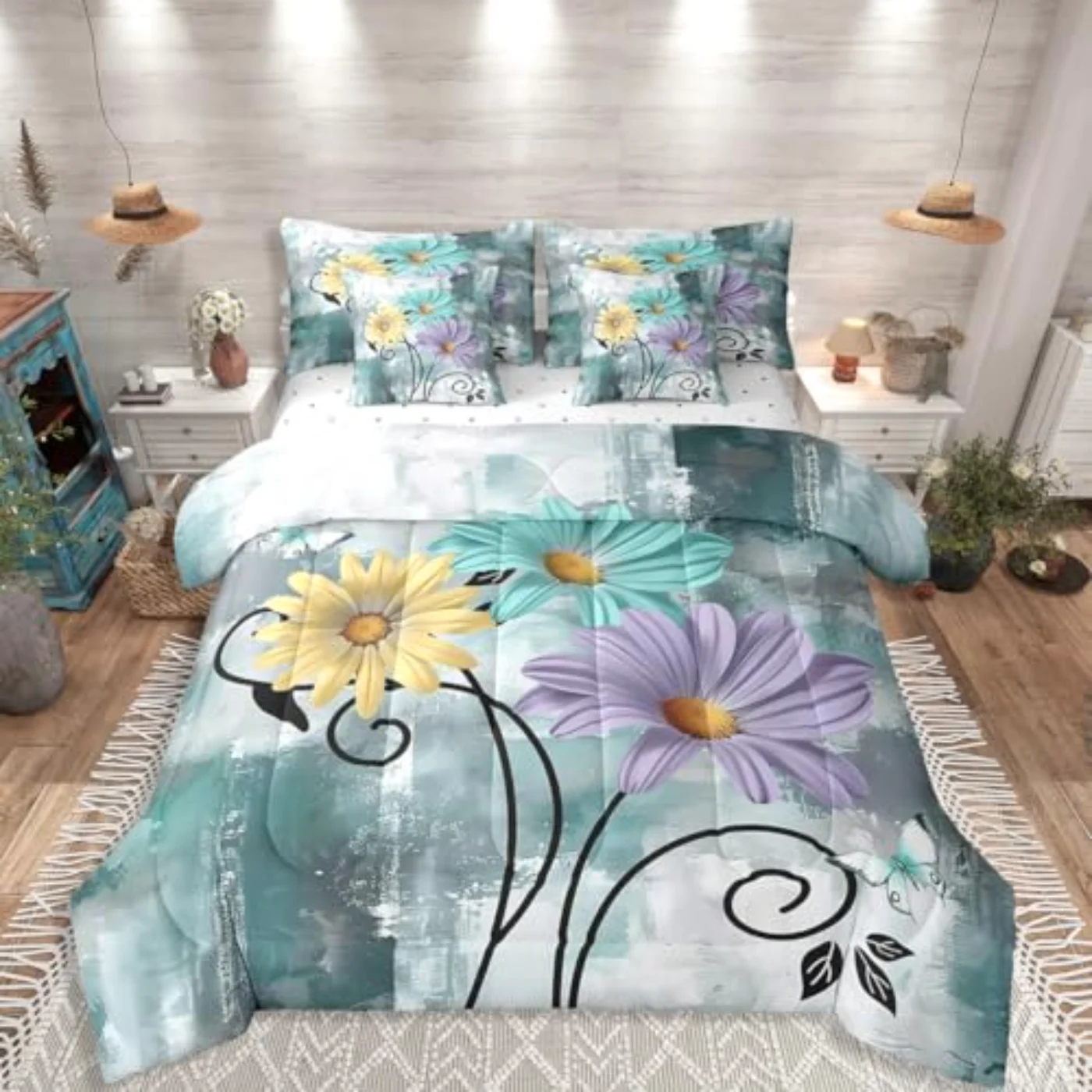 Teal Rustic Farmhouse Comforter Set, Queen