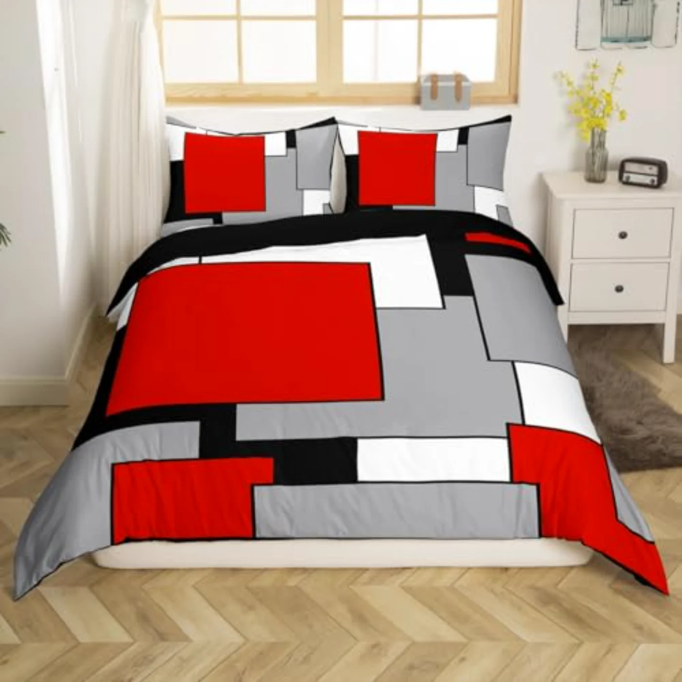 Red Grey Black White Women Duvet Cover, King
