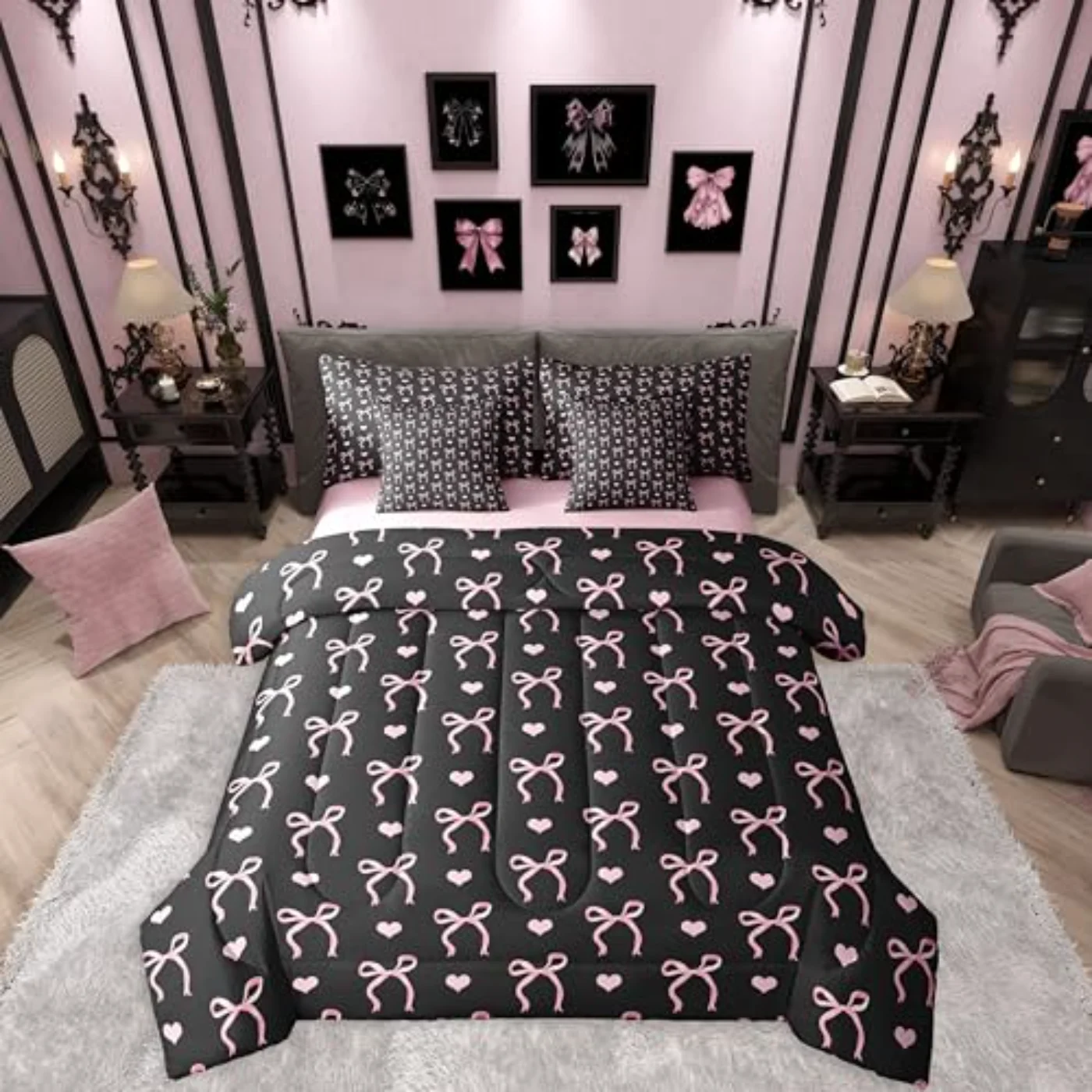 Love Hearts Bowknot Black Pink Comforter (17YR)