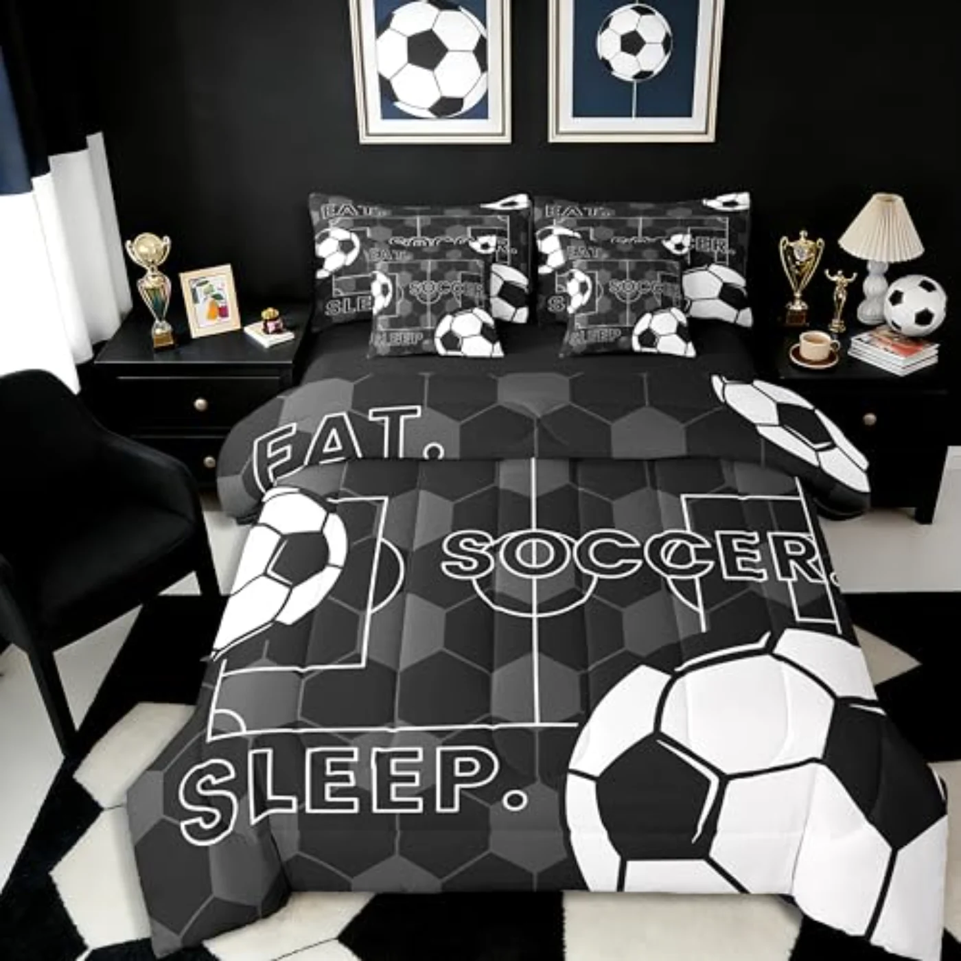 Black White Football Sheets D Comforter Set, Full
