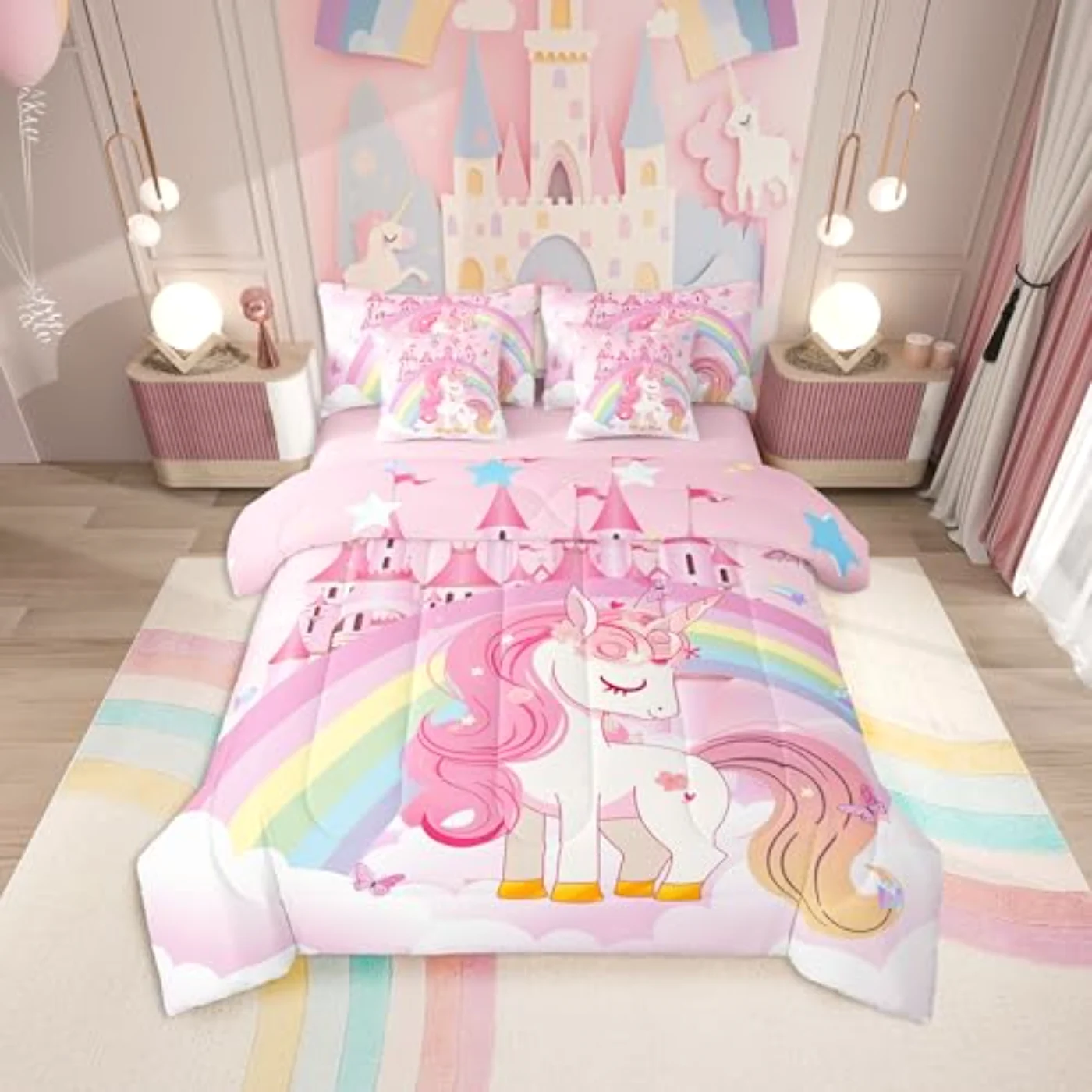 Girls Unicorn In Bag Rainbow Comforter Set, Twin