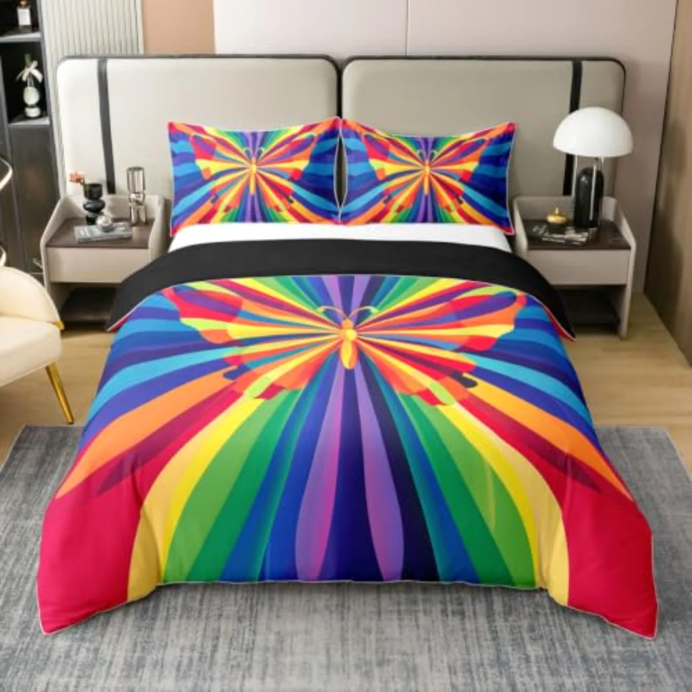 Rainbow Stripe Bohemian Watercolor Swirl Duvet Cover, Twin